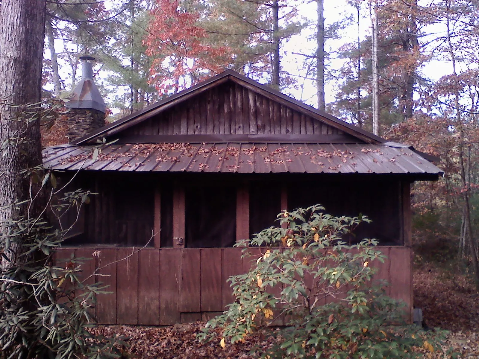 Metal roof over the screened porch of a rustic cabin in Wenatchee